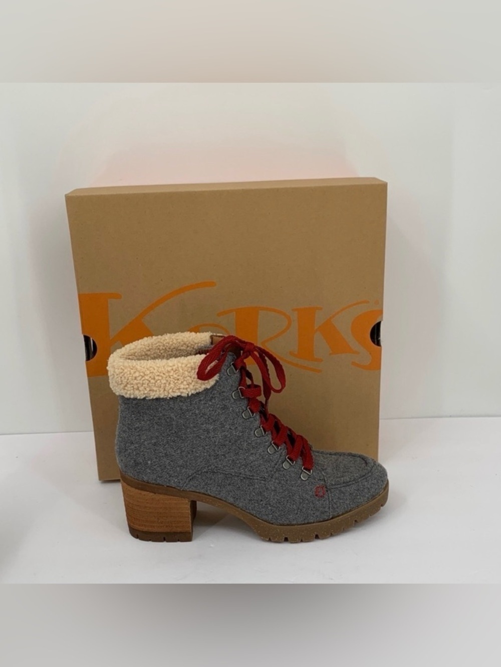 Korks Evie combat moto chunky boots gray wool heel lug shearling grey new 10
